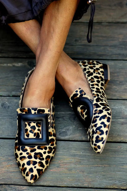 Leopard Print Square Circle Embellishment Pointy Toe Brown Flats