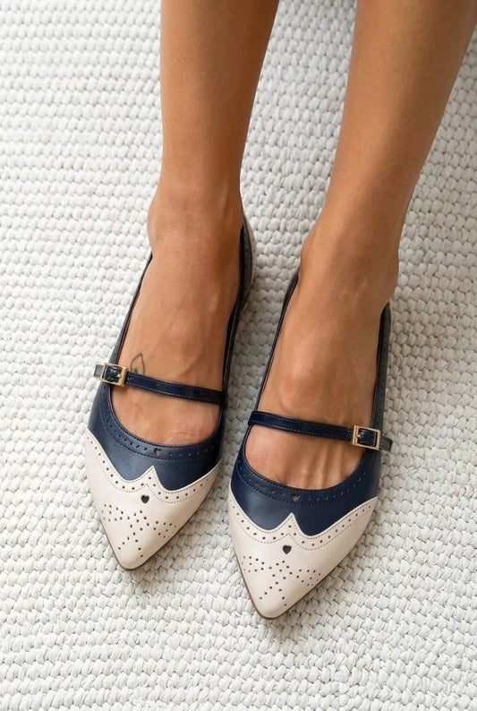 Brogue Detail Pointed Toe Buckle Strap Flats