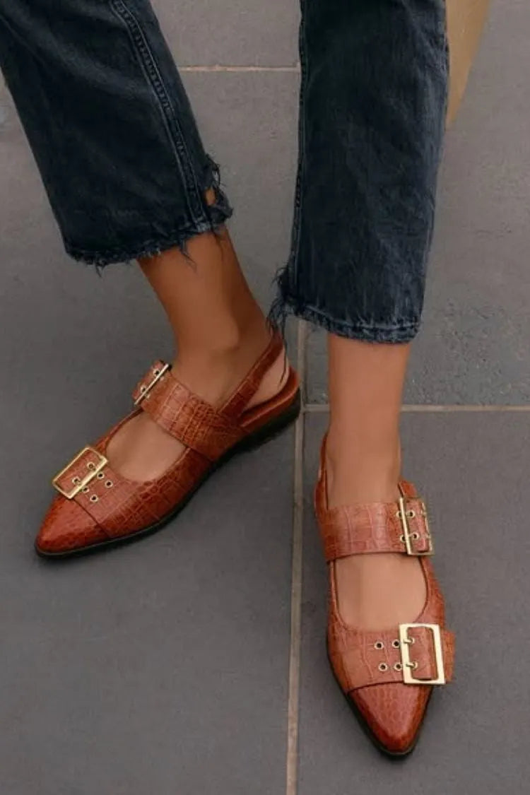 Vintage Croc-Embossed Leather Double-Buckle Pointy-Toe Slingback Flats