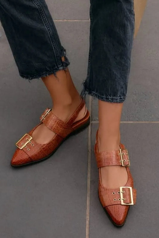 Vintage Croc-Embossed Leather Double-Buckle Pointy-Toe Slingback Flats