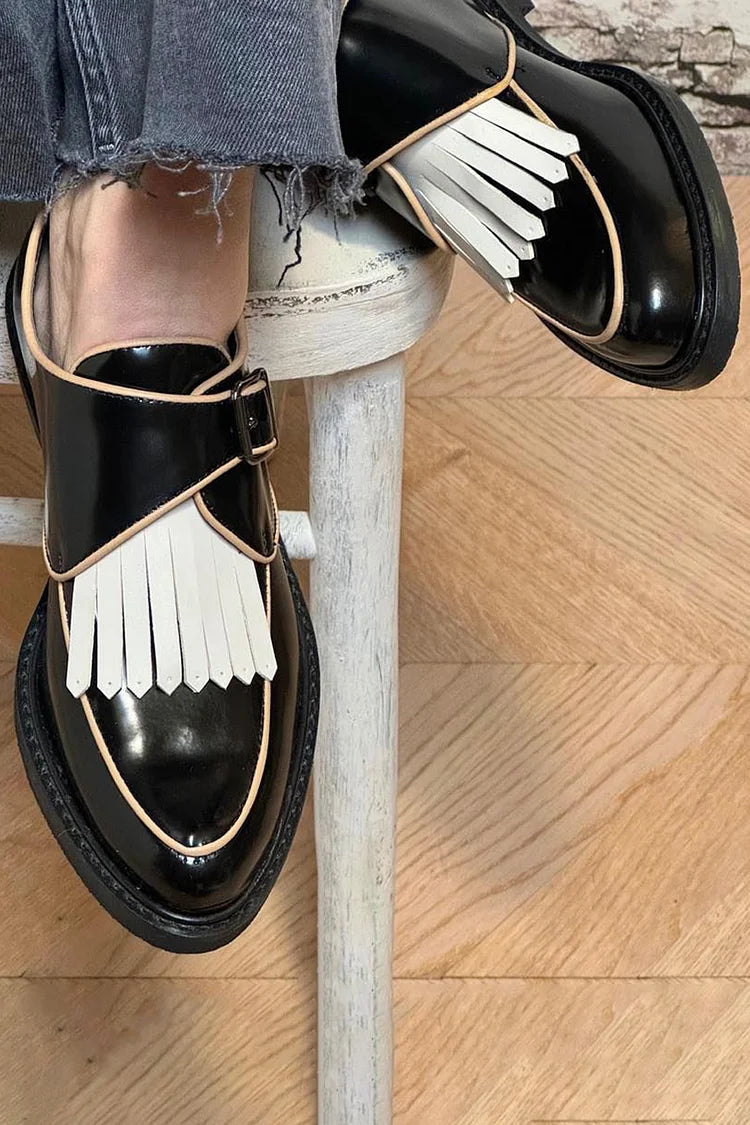 Contrast Color Fringed Trim Pointed Toe Black Oxfords