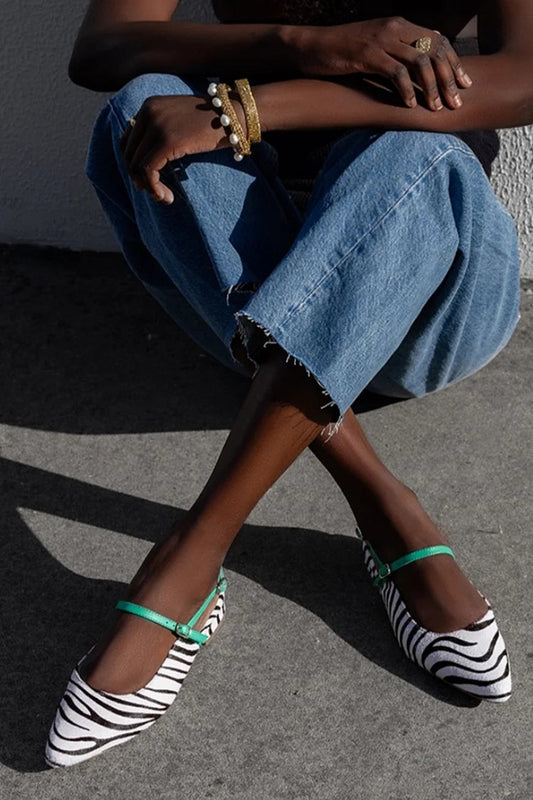 Colorblock Strap Buckle Zebra Print Pointed Toe White Flats