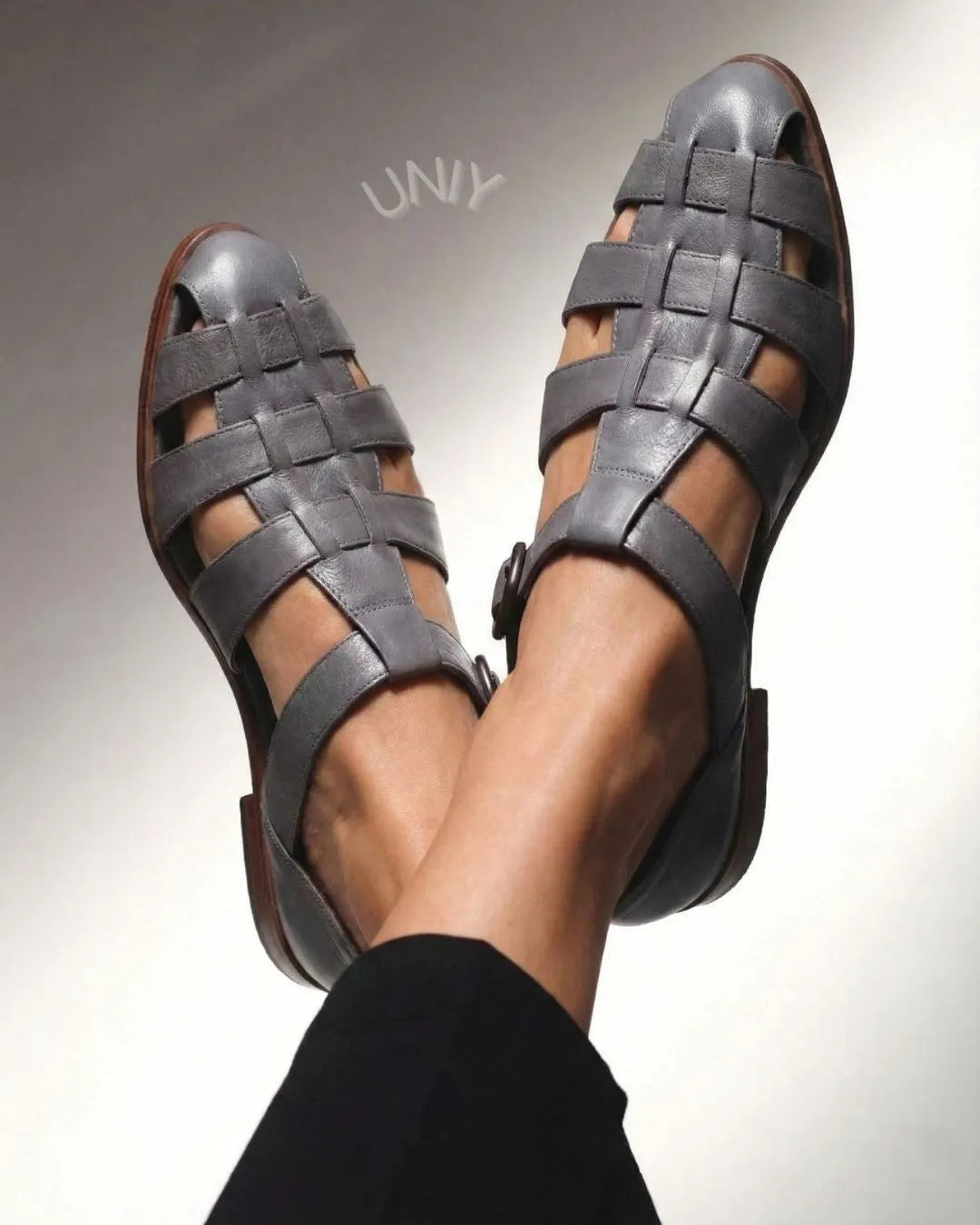 Gray Leather Fisherman Sandals Caged T-Strap Flats