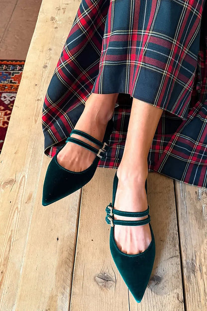 Two Straps Buckles Pointed Toe Velvet Dark Green Flats