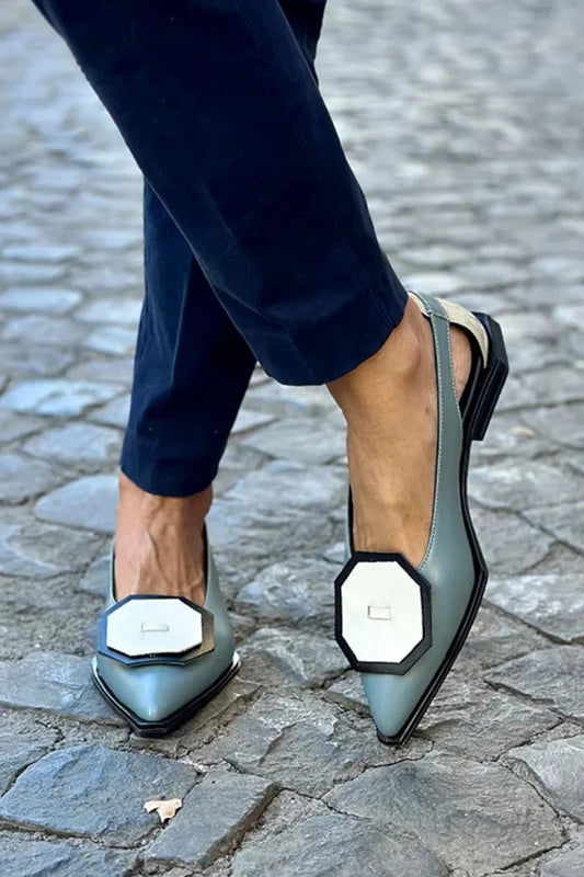 Pointed Toe Colorblock Decor Cutout Gray Flats