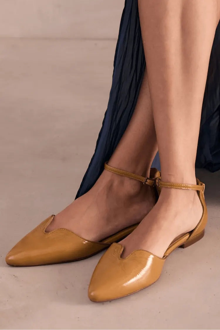 Glossy Faux Leather Split Vamp Pointed Toe Ankle Strap Flats
