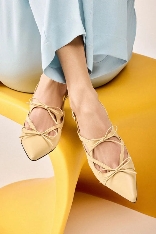 Bow Decor Cut Out Pointed Toe Yellow Flats