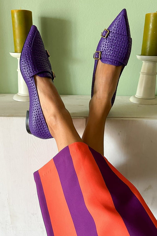 Textured Patchwork Buckles Pointed Toe Purple Flats