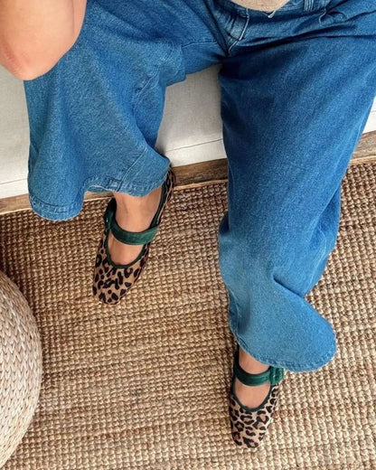 Retro Leopard Pattern Mary Jane Emerald Green Strap Flats