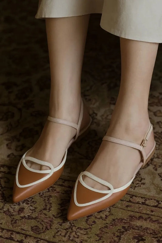 Brown Contrast Trim Pointy Strap Flats