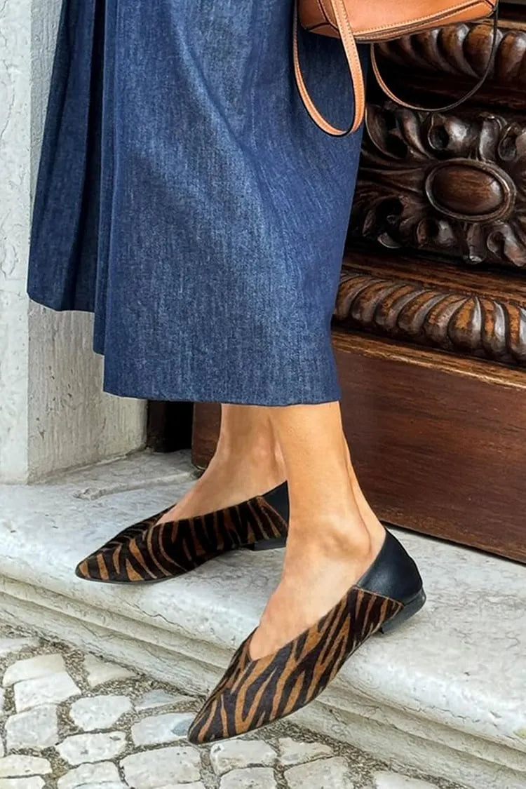 Zebra Print Patchwork Pointed Toe Brown Flats