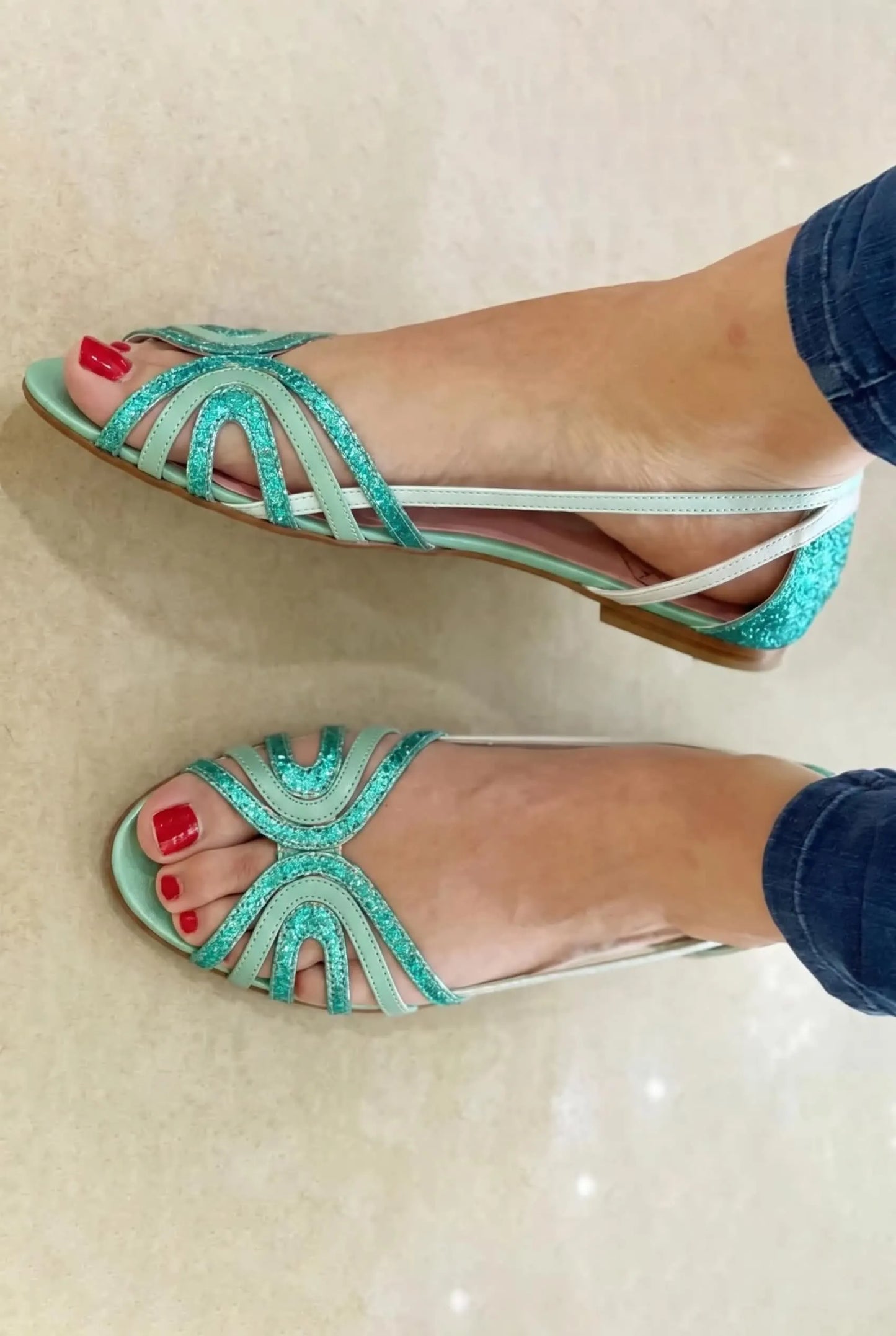 Glitter Strappy Open Toe Slingback Mint Green Flats