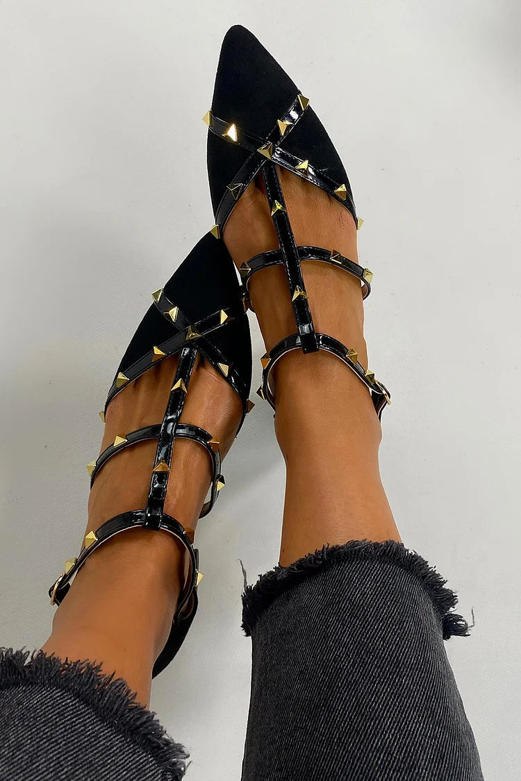 Metal Rivets Decor Cross Strap Pointed Toe Black Flats