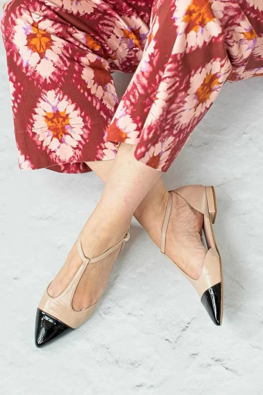 T-Strap Buckle Colorblock Pointed Toe Khaki Flats