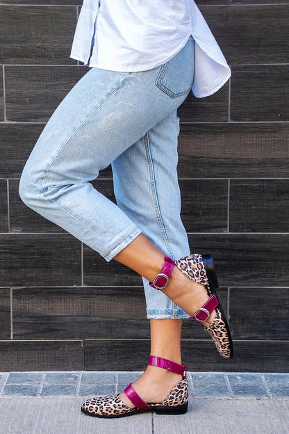 Leopard Print Pointed Toe Colorblock Strap Buckle Khaki Flats