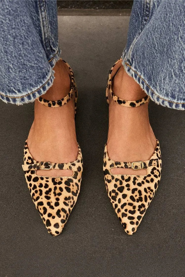 Leopard Print Pointed Toe Buckle Strap Tan Flats