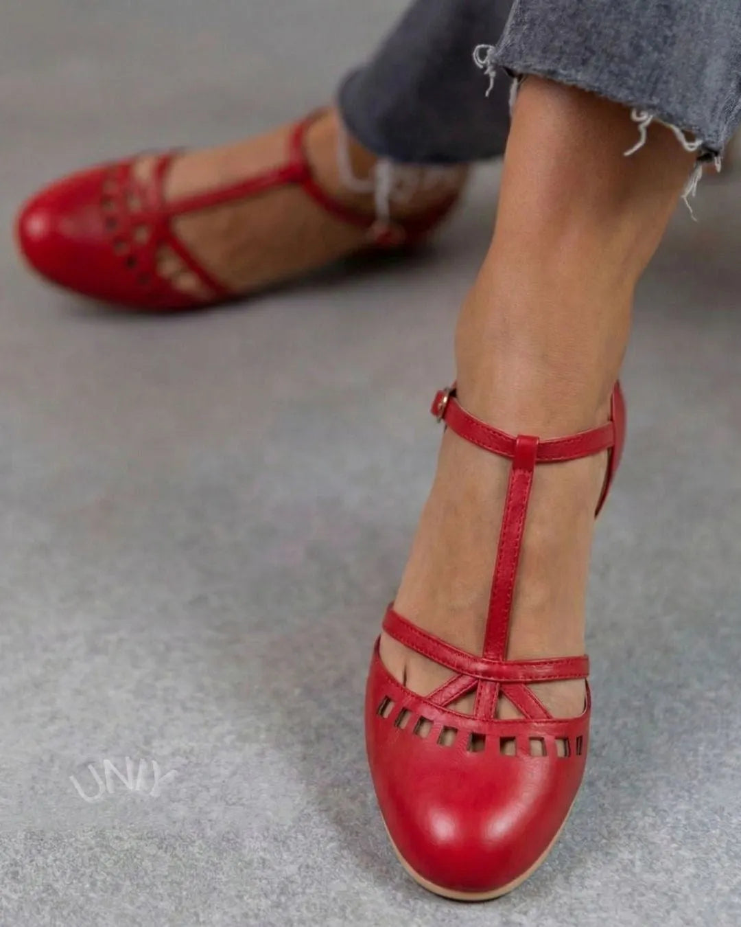Red Leather T-Strap Cutout Mary Jane Round Toe Flats