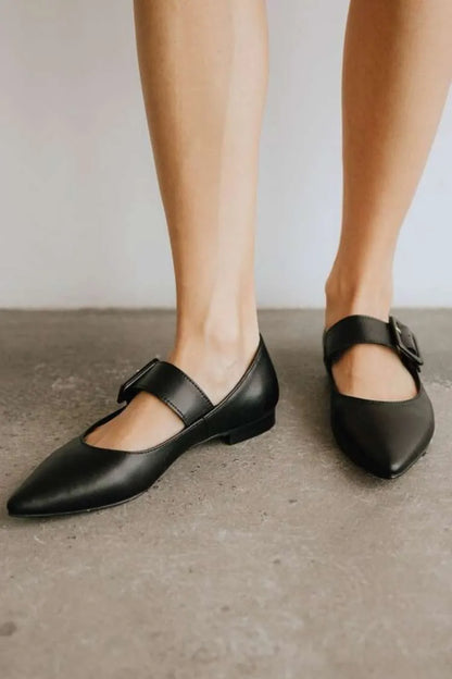 Leather Buckle Strap Pointed Toe Mary Jane Flats