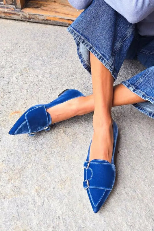 Patchwork Buckles Solid Color Velvet Pointed Toe Blue Flats