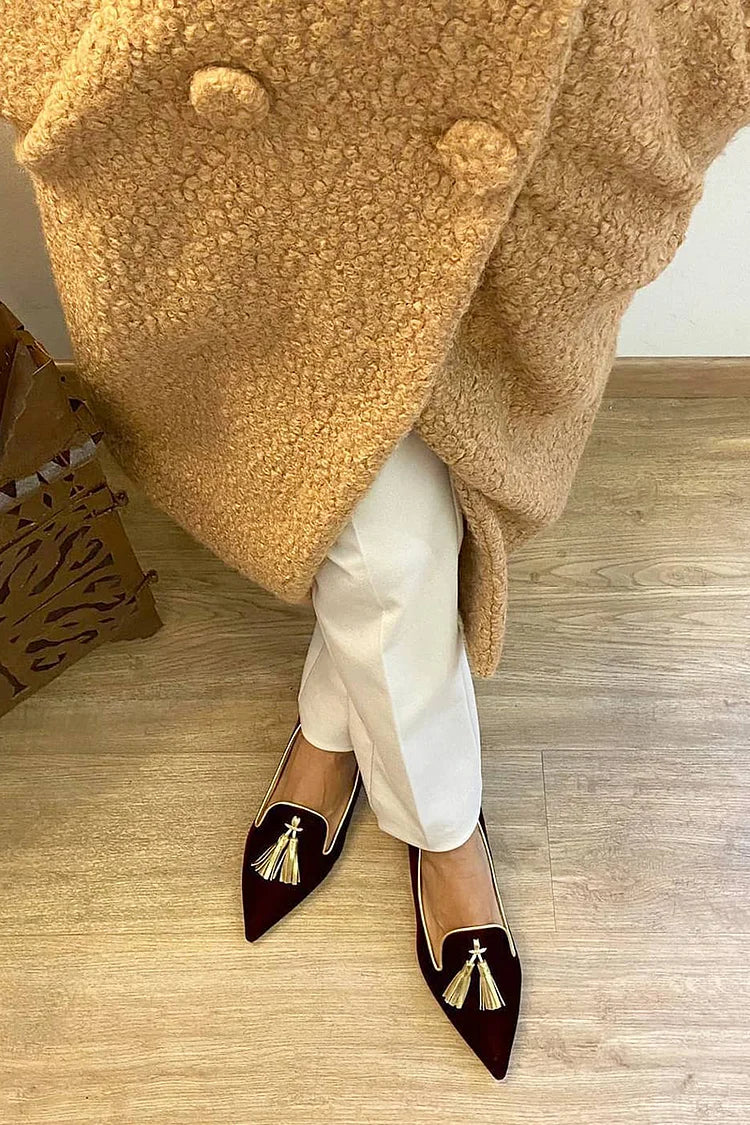 Breathable Faux Leather Decor Tassels Pointy Colorblock Toe Flats
