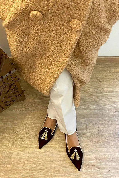 Breathable Faux Leather Decor Tassels Pointy Colorblock Toe Flats