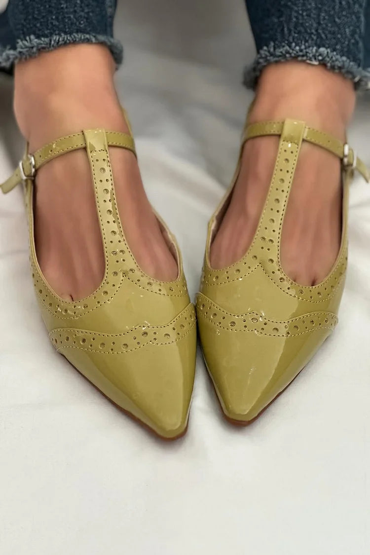 Patchwork Pointed Toe T-Strap Buckle Slingback Green Flats