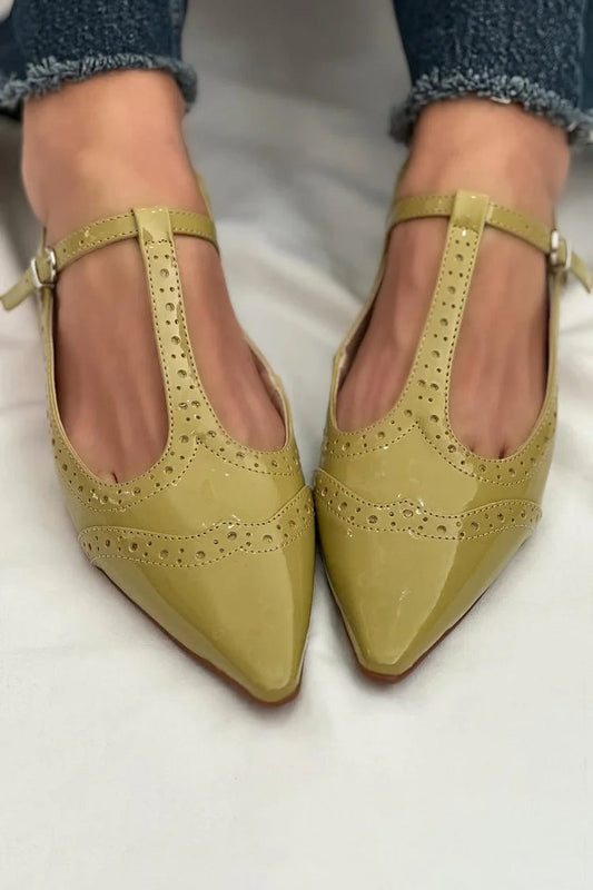 Patchwork Pointed Toe T-Strap Buckle Slingback Green Flats