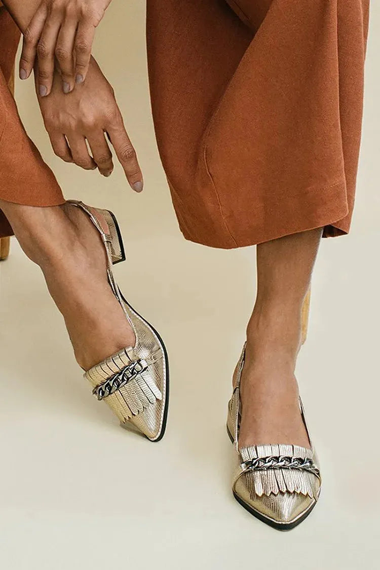 Metal Chain Fringe Decor Pointed Toe Champagne Flats