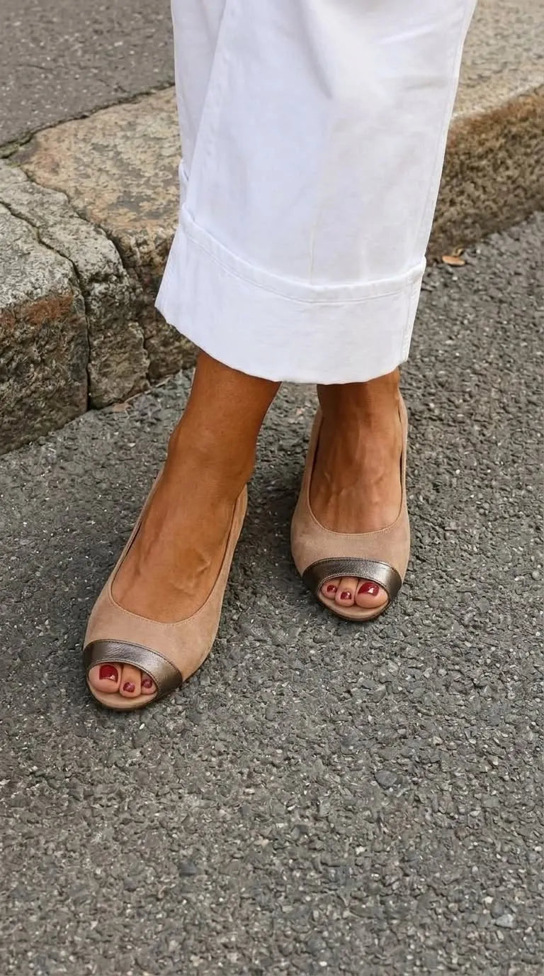 Metallic Cap Peep Toe Slip On Taupe Ballet Flats