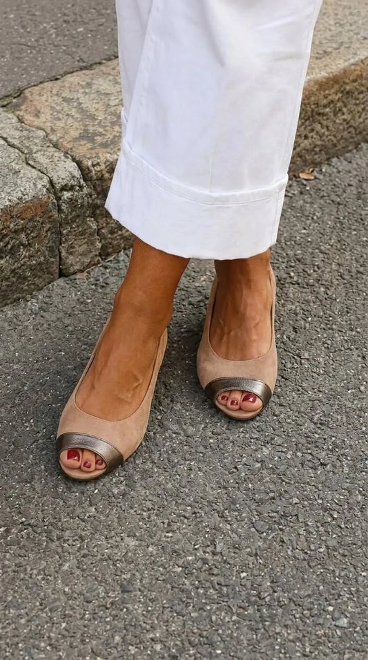 Metallic Cap Peep Toe Slip On Taupe Ballet Flats