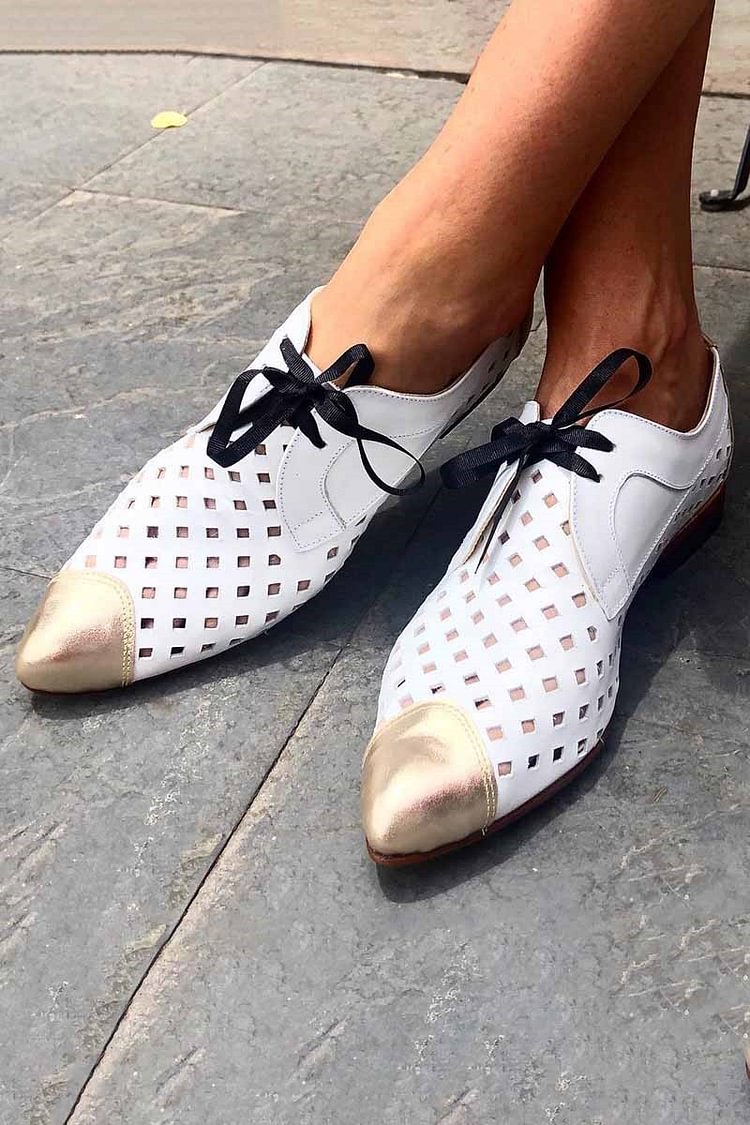 Lightweight Hollow Out Patchwork Pointed Toe Lace Up White Oxfords