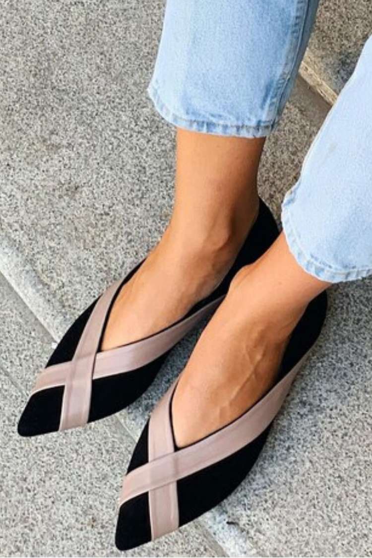 Suede Colorblock Crisscross Strap Pointed Toe Flats