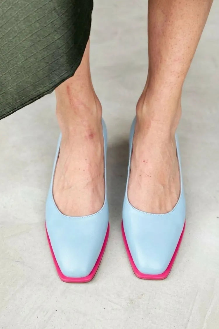 Minimalist Light Blue Magenta Sole Square Toe Flats