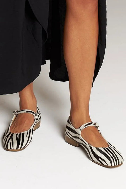 Zebra Print Instep Strap Buckle Square Toe White Flats
