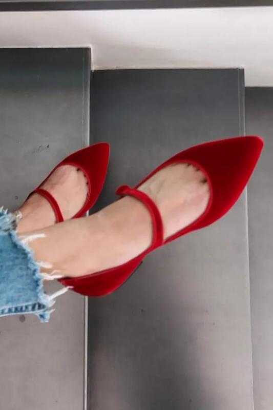 Velvet Faux Suede Ankle Strap Pointy Flats