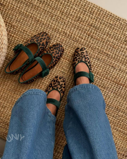 Retro Leopard Pattern Mary Jane Emerald Green Strap Flats