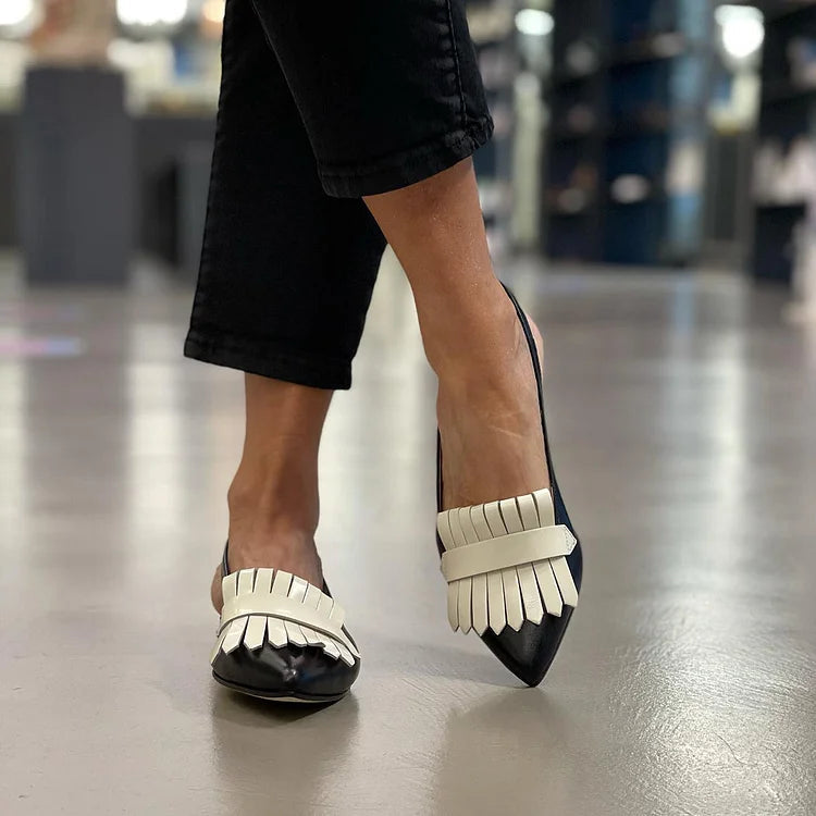 Fringed Trim Pointy Toe Strap Slingback Retro Flats