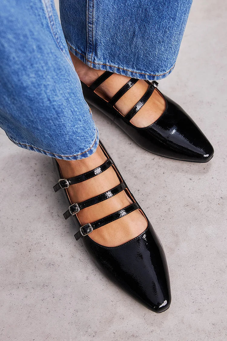 Multi Straps Buckles Solid Color Pointed Toe Black Flats