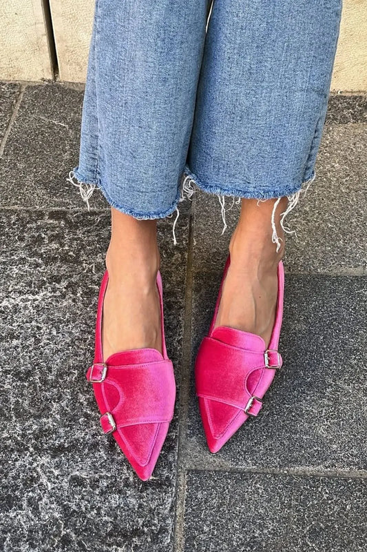 Pink Velvet Pointed Toe Buckled Flats