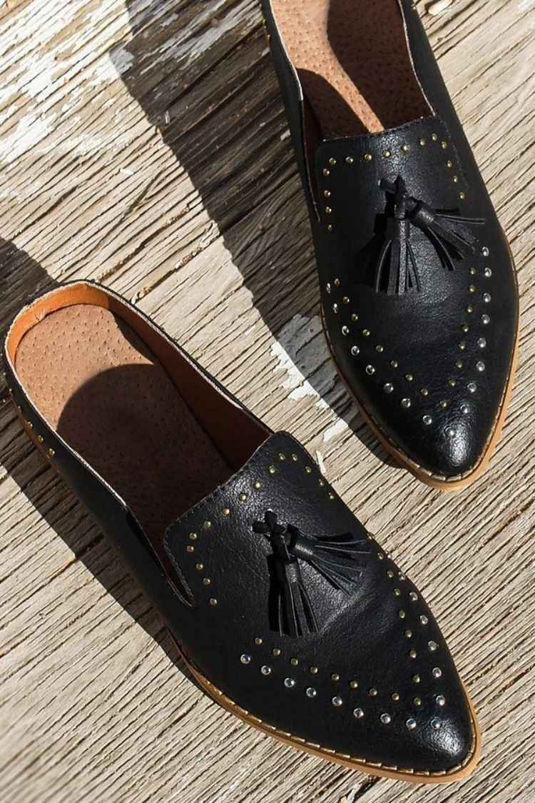 Faux Leather Studded Tassels Pointy Slip-On Mule Flats