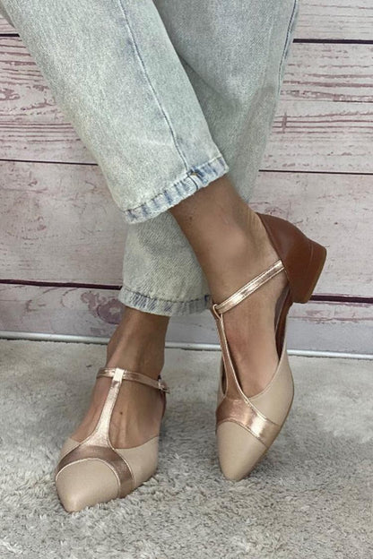 Patchwork T-Strap Buckle Colorblock Pointed Toe Khaki Flats