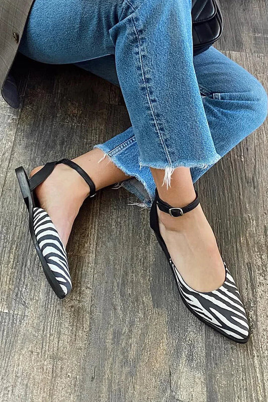 Zebra Print Ankle Strap Buckle Pointed Toe Black Flats