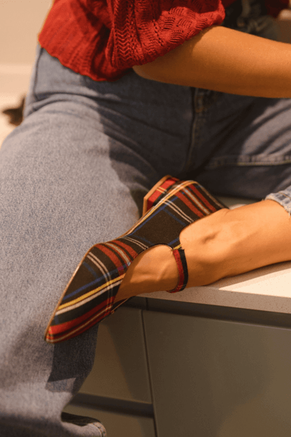Plaid Print Faux Suede Ankle Strap Pointy Flats