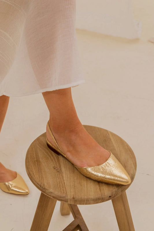 Crinkled Metallic Pointed Toe Slingback Gold Pointed Flats