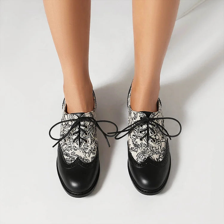 Floral Pattern Canvas Patchwork Lace Up Round Toe Casual Oxfords