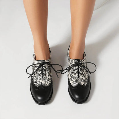 Floral Pattern Canvas Patchwork Lace Up Round Toe Casual Oxfords
