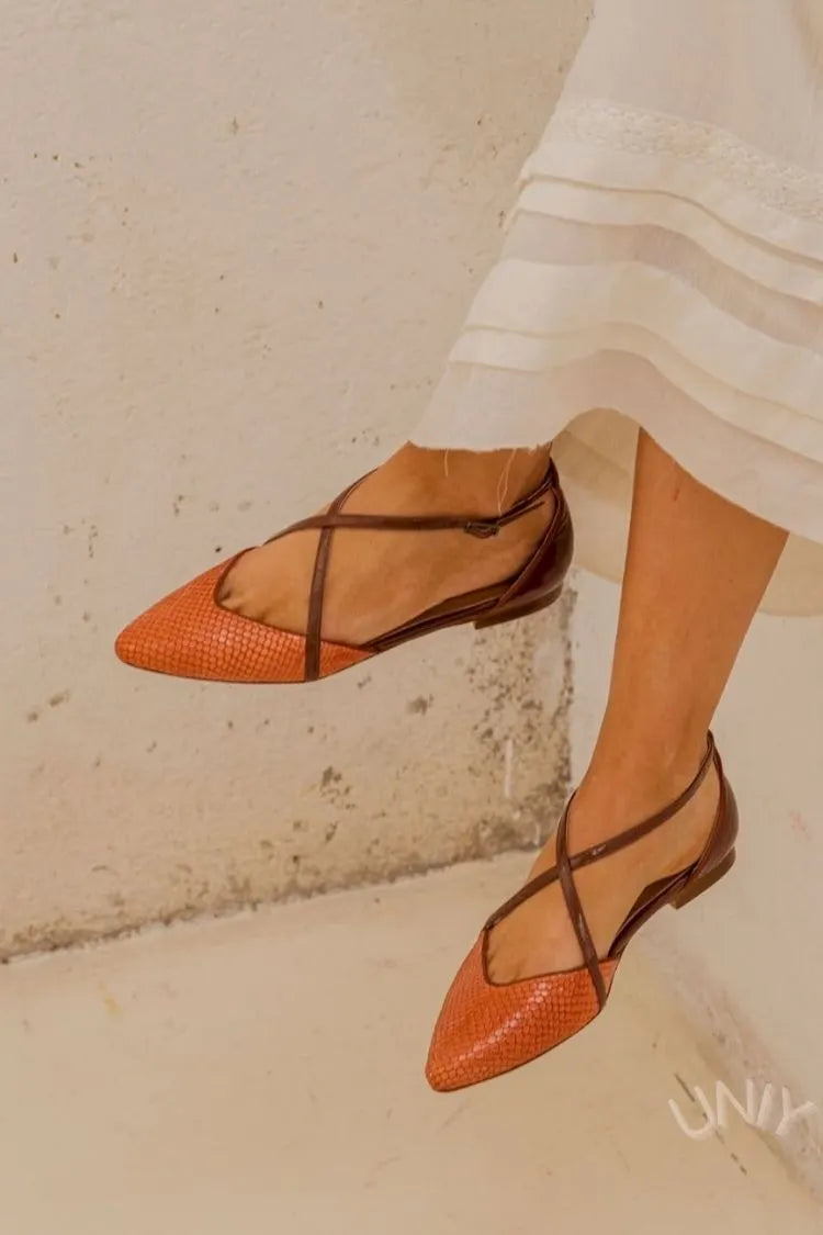 Vintage Orange Snakeskin Crossover Strap Pointed Toe Flats