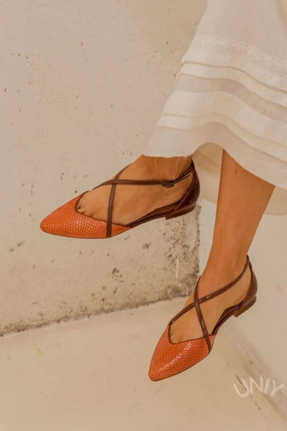 Vintage Orange Snakeskin Crossover Strap Pointed Toe Flats