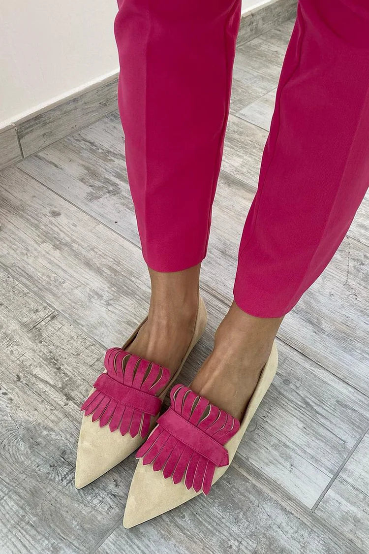 Colorblock Fringed Trim Pointed Toe Beige Flats