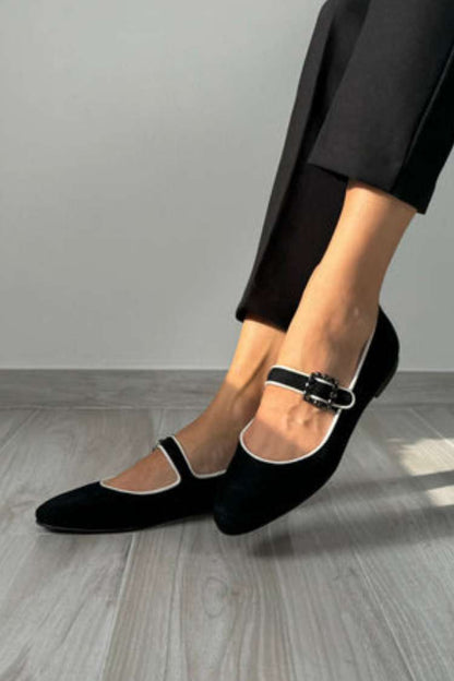 Suede Contrast Trim Buckle Mary Jane Flats